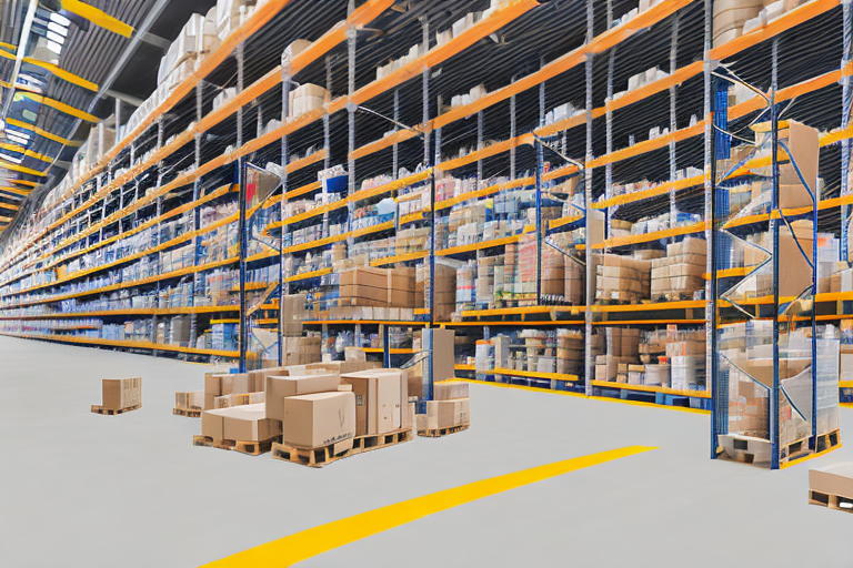 A warehouse filled with neatly arranged shelves