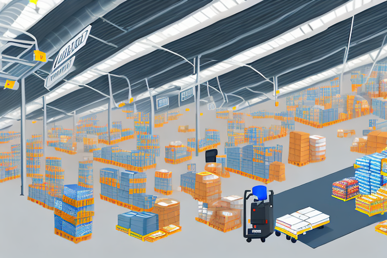 An amazon warehouse with shelves full of various items and conveyer belts