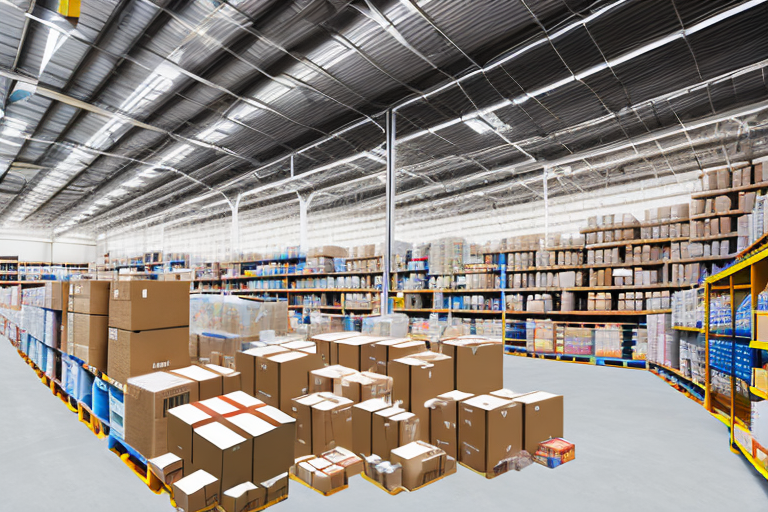 A warehouse with various shelves filled with different products