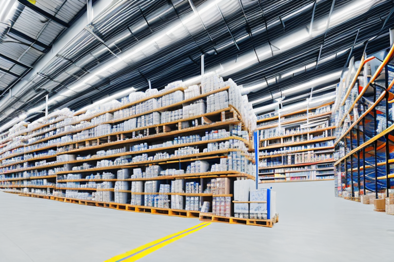 A large warehouse filled with neatly organized shelves of various products