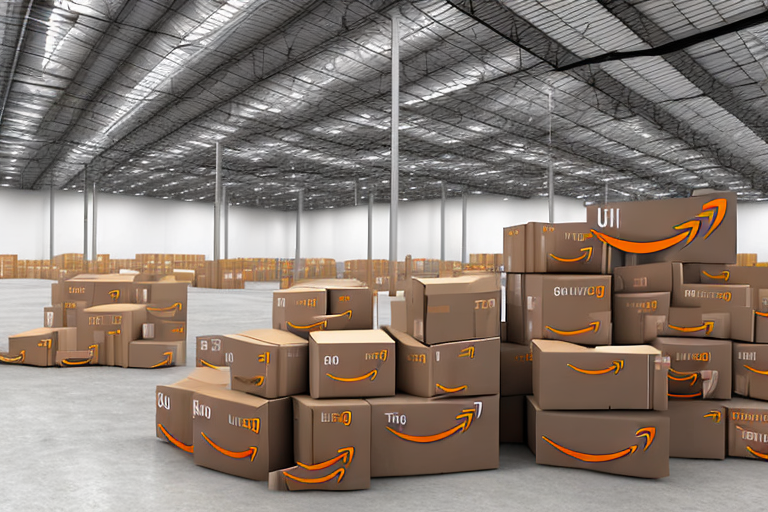 An amazon warehouse with several boxes being unloaded from a truck