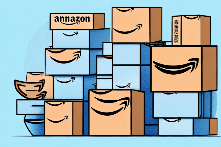 A stack of various product boxes with an amazon delivery van in the background