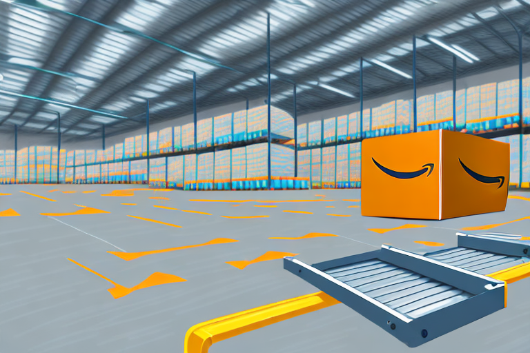 A warehouse full of various products with a conveyor belt leading towards a box labeled with an amazon symbol