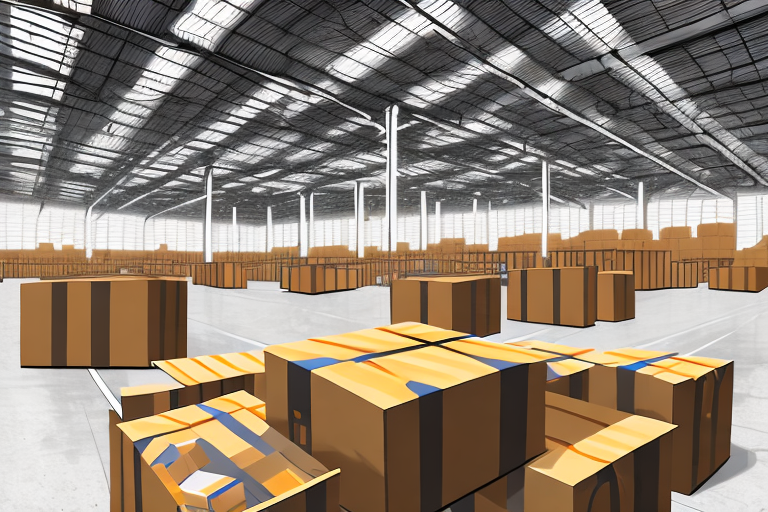 An amazon warehouse with boxes being taken off the shelves