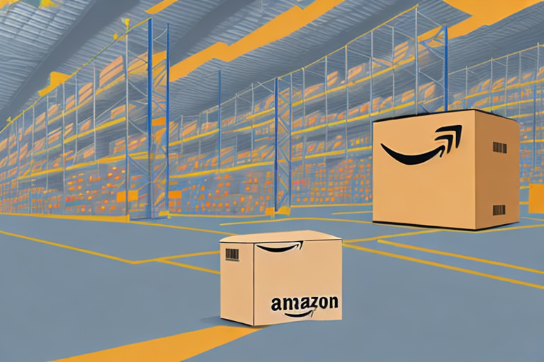 An amazon warehouse with a highlighted product being removed from a shelf