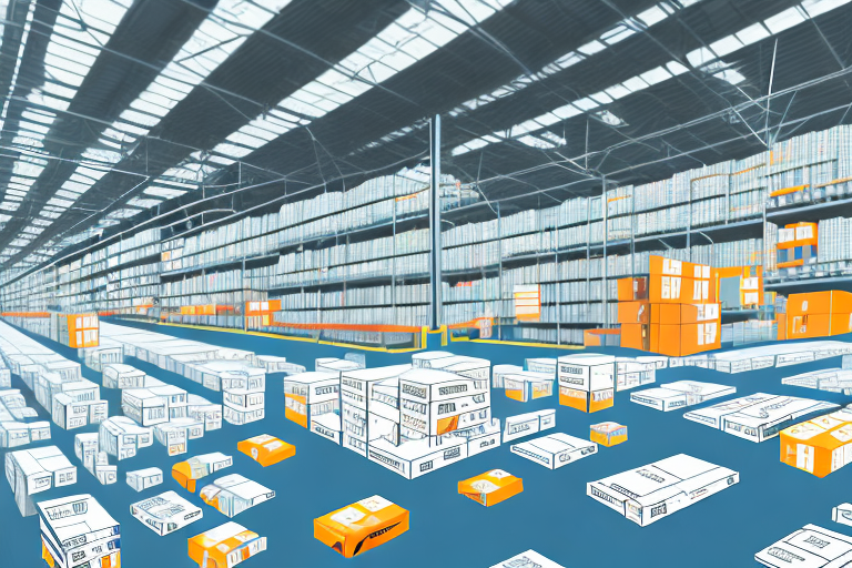 A warehouse with various boxes marked with barcodes