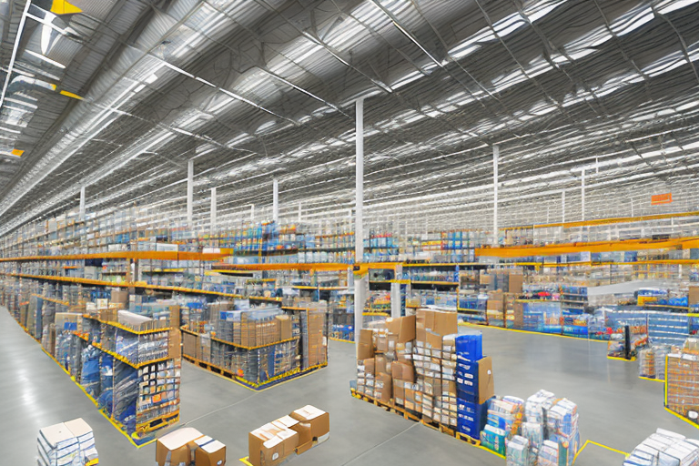 An amazon warehouse filled with neatly arranged rows of various types of products