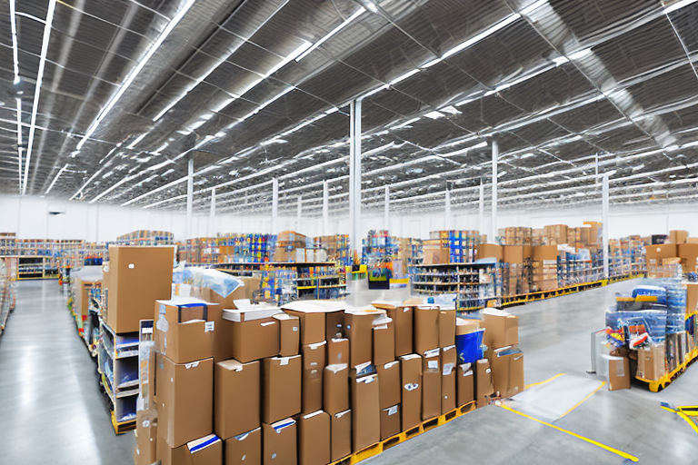 An amazon warehouse with shelves of packages