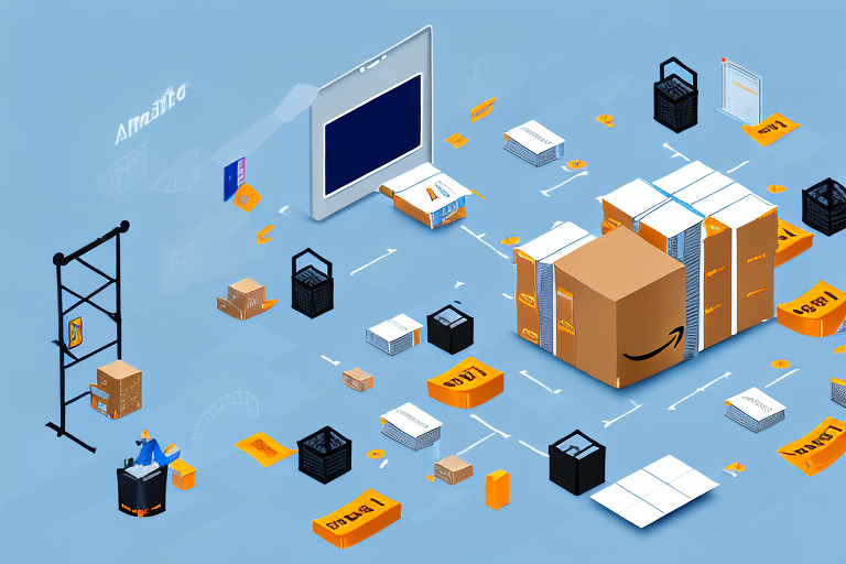 An amazon warehouse with various sections showing different stages of inventory management