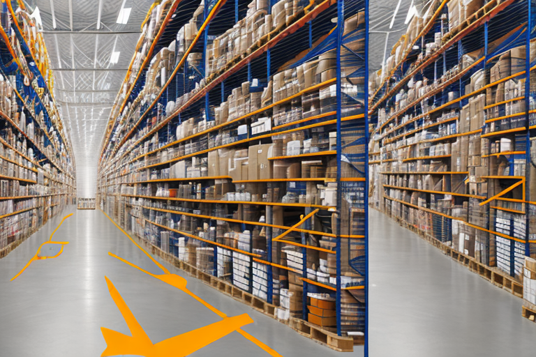 Various amazon packages organized neatly on warehouse shelves