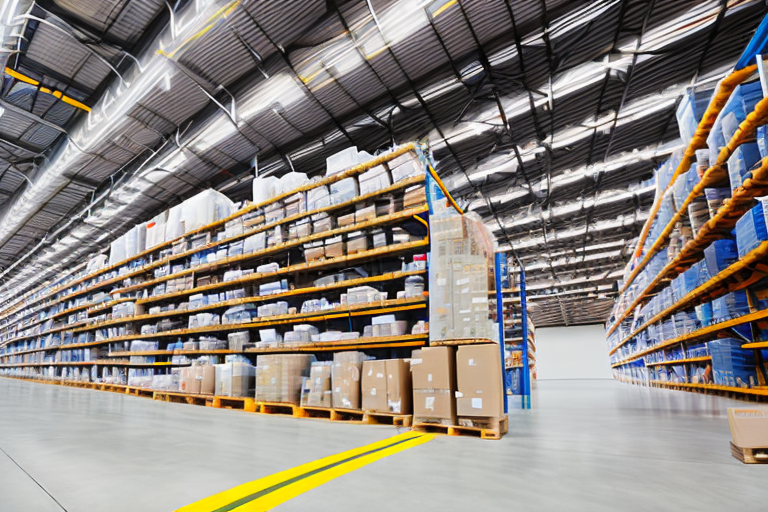 A massive warehouse with numerous shelves filled with various types of goods