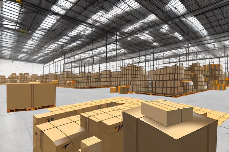 A warehouse full of boxes with the amazon arrow symbol