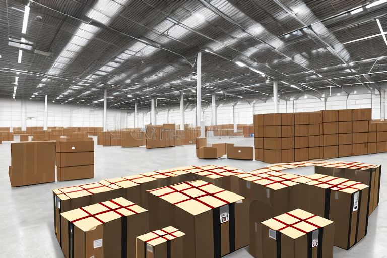 An amazon warehouse with boxes moving on conveyor belts