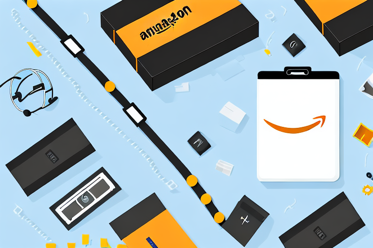 A warehouse setting with amazon-branded boxes on a conveyor belt