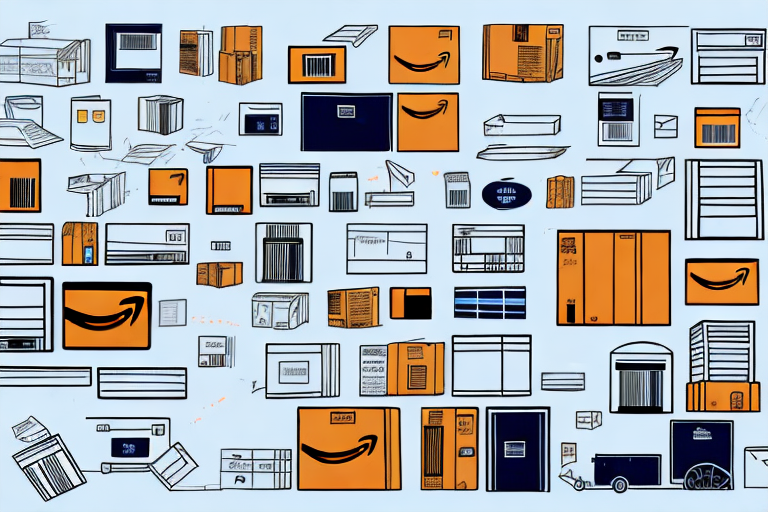 An amazon warehouse with various packages and a barcode scanner