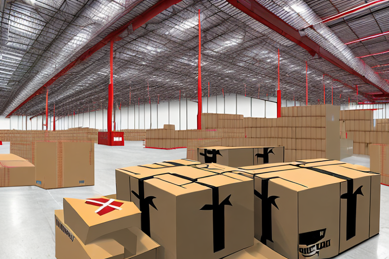 An amazon warehouse with boxes marked with a red 'x'