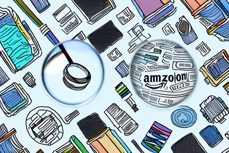 A magnifying glass hovering over a collection of diverse products (like books