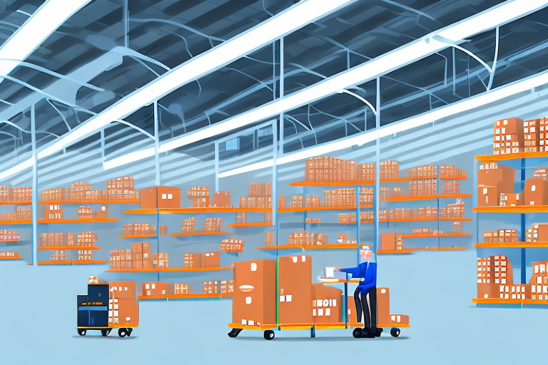 An amazon warehouse with shelves full of various products and a computer screen showing an inventory management system