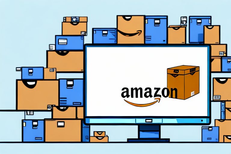 A computer screen displaying amazon seller central interface with boxes of products being digitally sent into the screen and a stack of replenished inventory boxes beside it