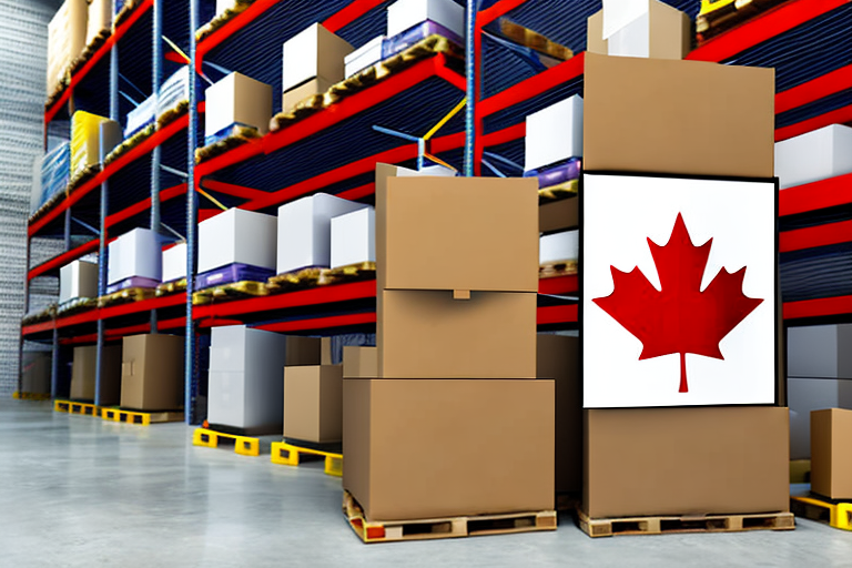 A warehouse with various types of inventory boxes being loaded onto a truck with a canadian flag