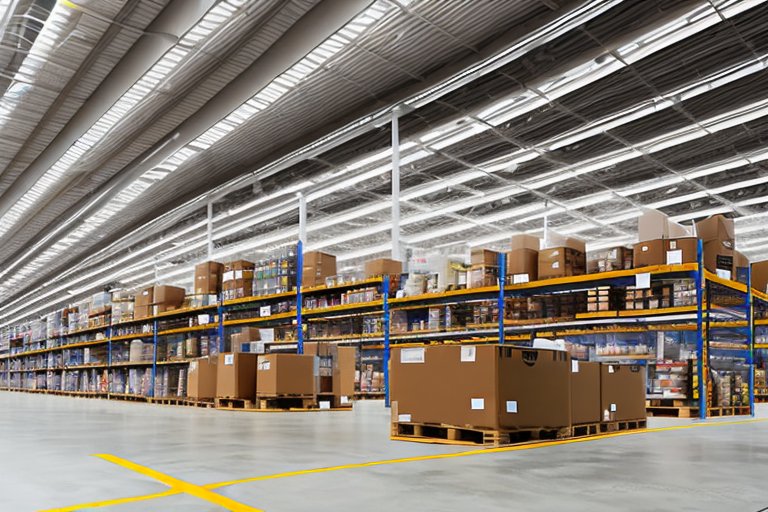 An amazon warehouse with shelves showing some empty spaces