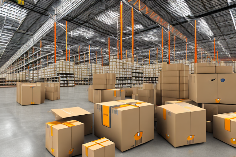 A warehouse with boxes labeled as "amazon"