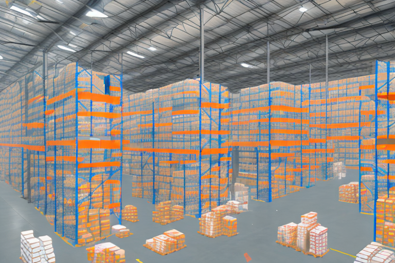 A warehouse with marked sections filled with various products
