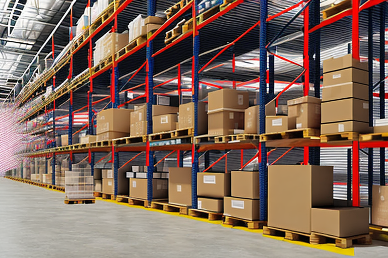 A warehouse with various boxes marked with red x's to signify unfulfillable inventory