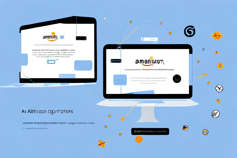 A laptop displaying a split screen of woocommerce and amazon platforms