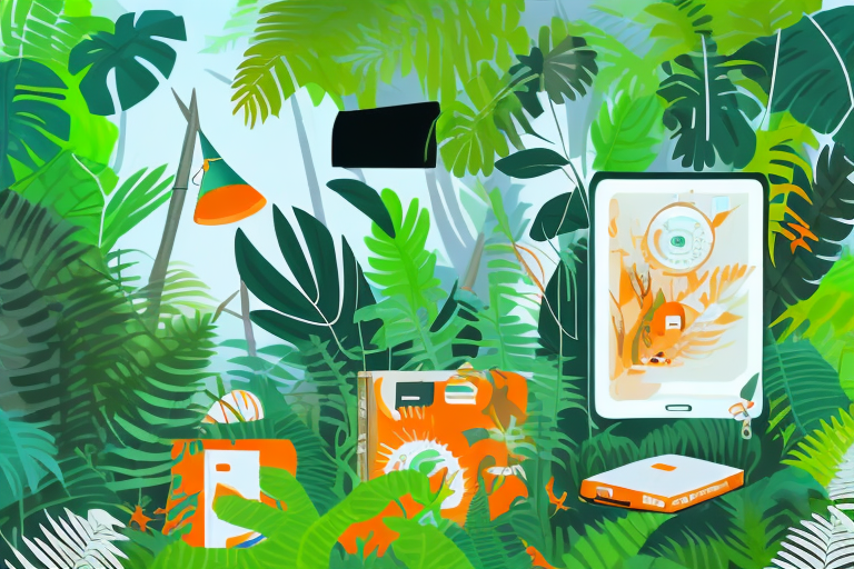 A jungle scene with various products such as electronics