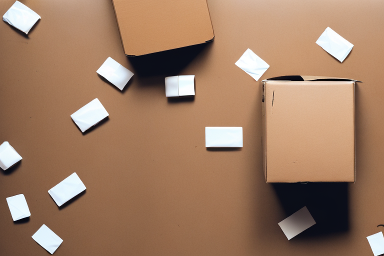 A damaged cardboard box with amazon's signature smile tape