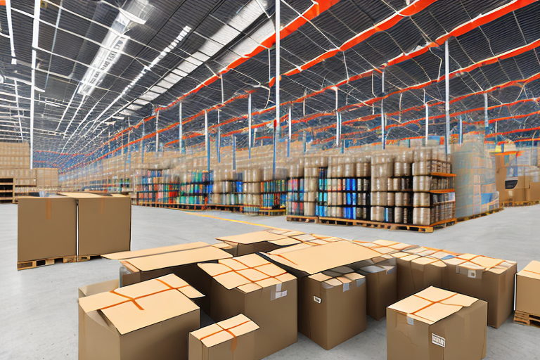 A neatly organized warehouse with various boxes labeled with barcodes