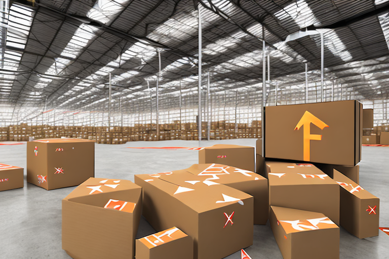 A warehouse full of boxes with amazon's signature smile arrow