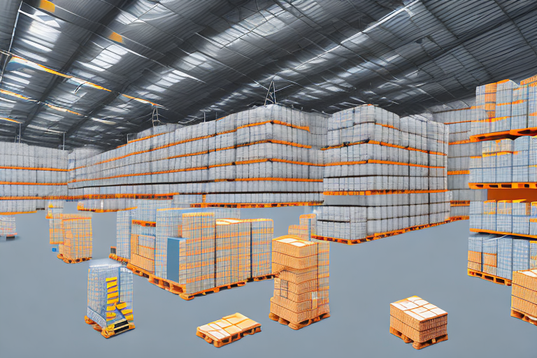 A warehouse filled with various goods and a digital screen displaying inventory data