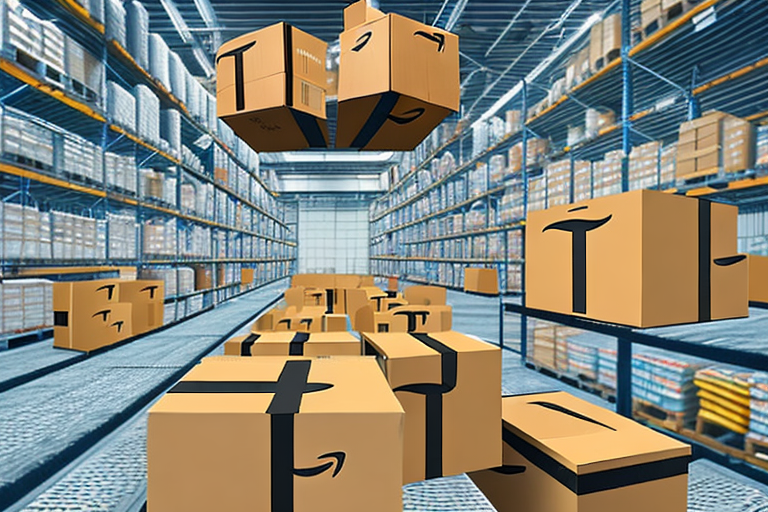 A warehouse with amazon boxes being lowered into a pit