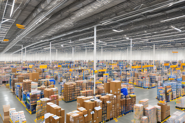 An expansive amazon warehouse filled with shelves stacked high with various unidentifiable goods