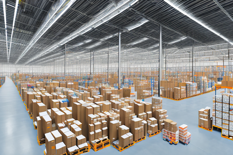 A dynamic warehouse scene filled with amazon packages being sorted and organized efficiently by automated robotic arms