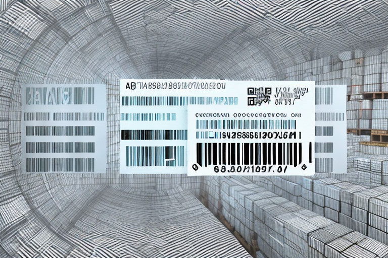 A barcode magnified with various labels attached to it