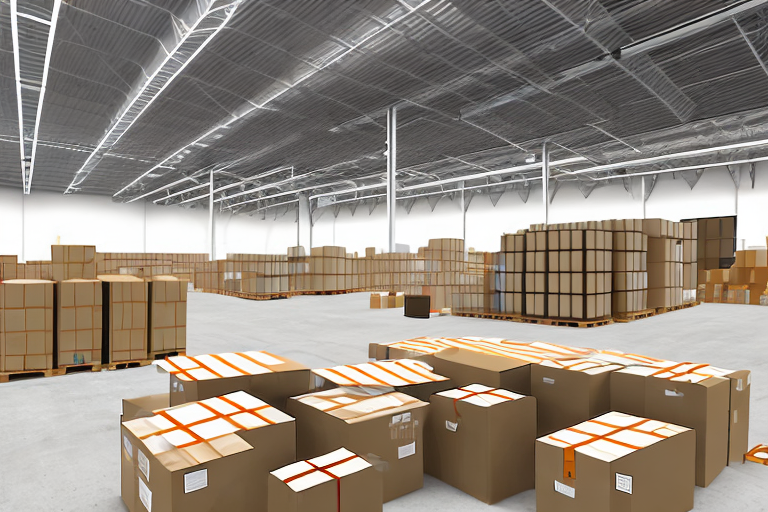 A warehouse with shelves full of boxes