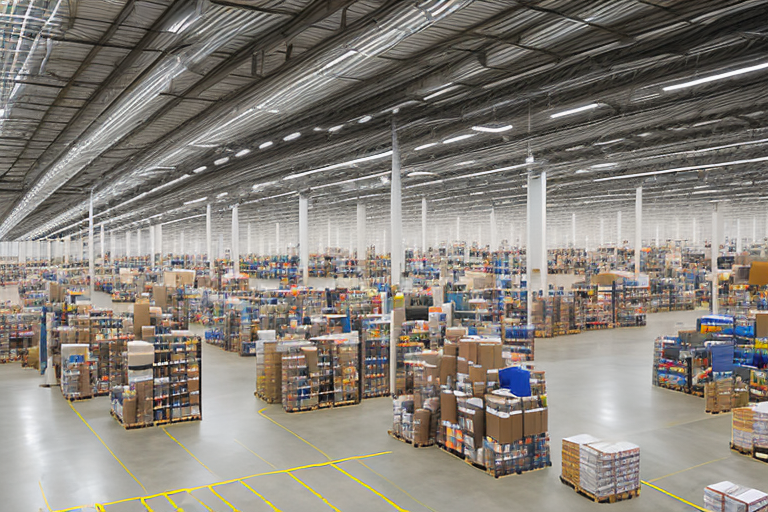 A vast amazon warehouse with endless shelves filled with a variety of items
