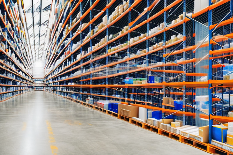 A large warehouse filled with rows of shelves stacked with various types of goods