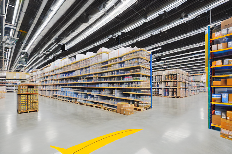 A vast warehouse with rows of shelves stocked with various types of goods