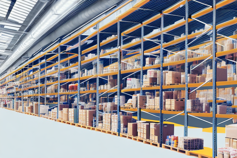 A large warehouse filled with multiple rows of shelves stacked with various types of products