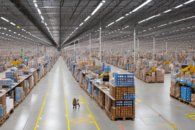 A vast amazon warehouse filled with various products organized on shelves