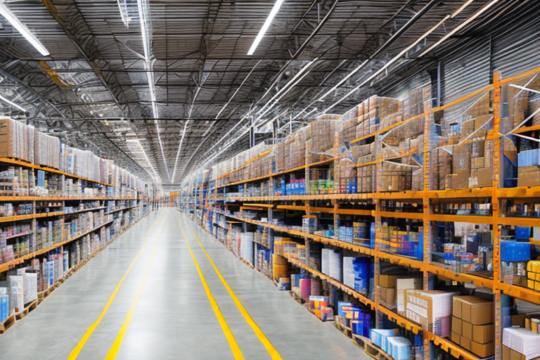 A vast warehouse with numerous shelves filled with various types of products