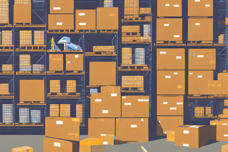 A warehouse with boxes labeled as inventory