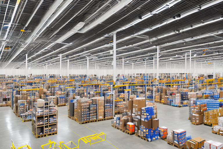 An amazon warehouse with rows of shelves filled with various products