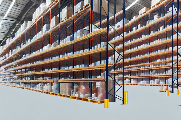 A warehouse with organized shelves filled with a variety of products