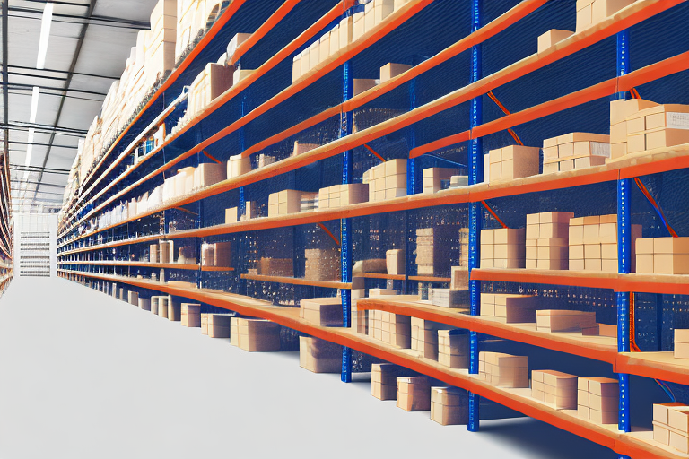 A warehouse with rows of shelves filled with various types of goods