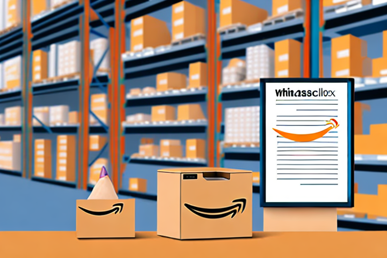 An amazon box on a warehouse shelf with a checklist and a pencil